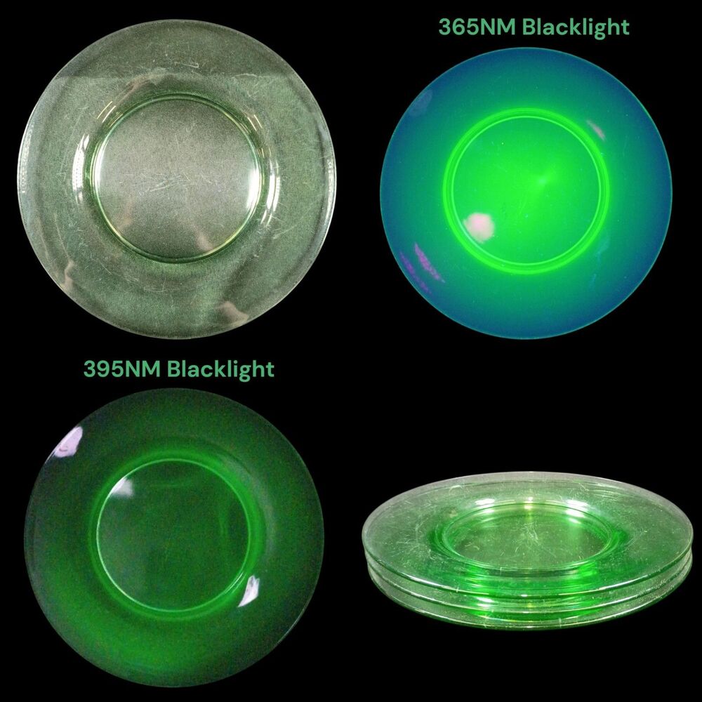 Lot Of 3 Vintage Uranium Glass Plates 8.5" No Markings UV Glow Depression Green